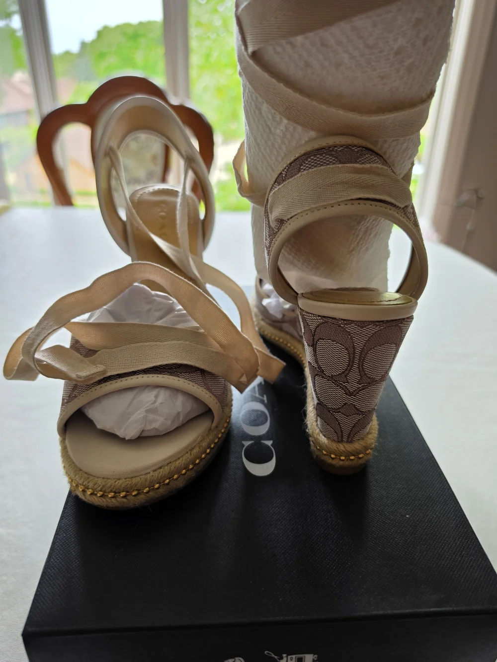 Coach Beige Canvas Signature Wedge Sandals with Ribbon Ties - Picture 4 of 6